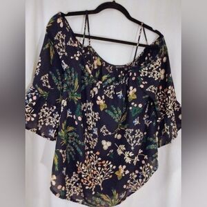Hailey 23 Navy And Flowers Spring Sheer Cold Shoulder Top Size S